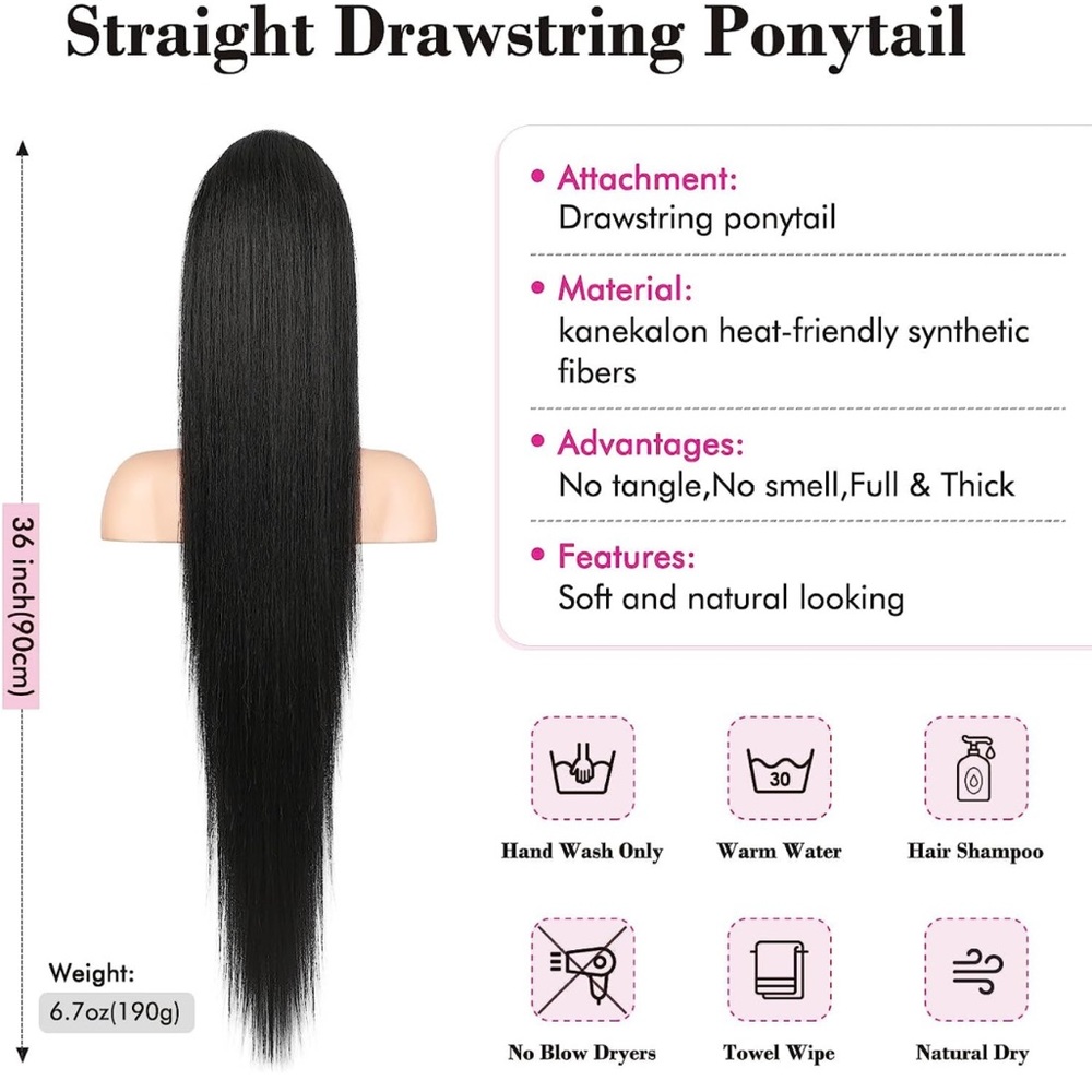 36 Inch-180 Gram Ponytail Extension, Straight Drawstring Ponytail Hair Extension - Picture 7 of 7